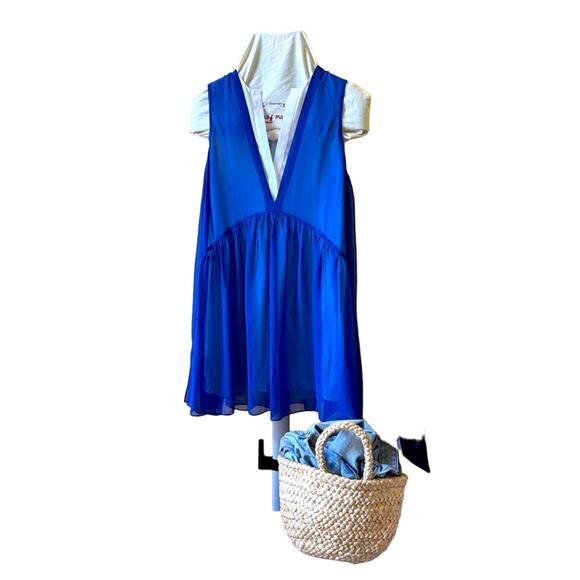 Sandro Paris V Neck Mod Color Lined Shift Flowy Mini Dress Blue Size 1 Small - Picture 2 of 10